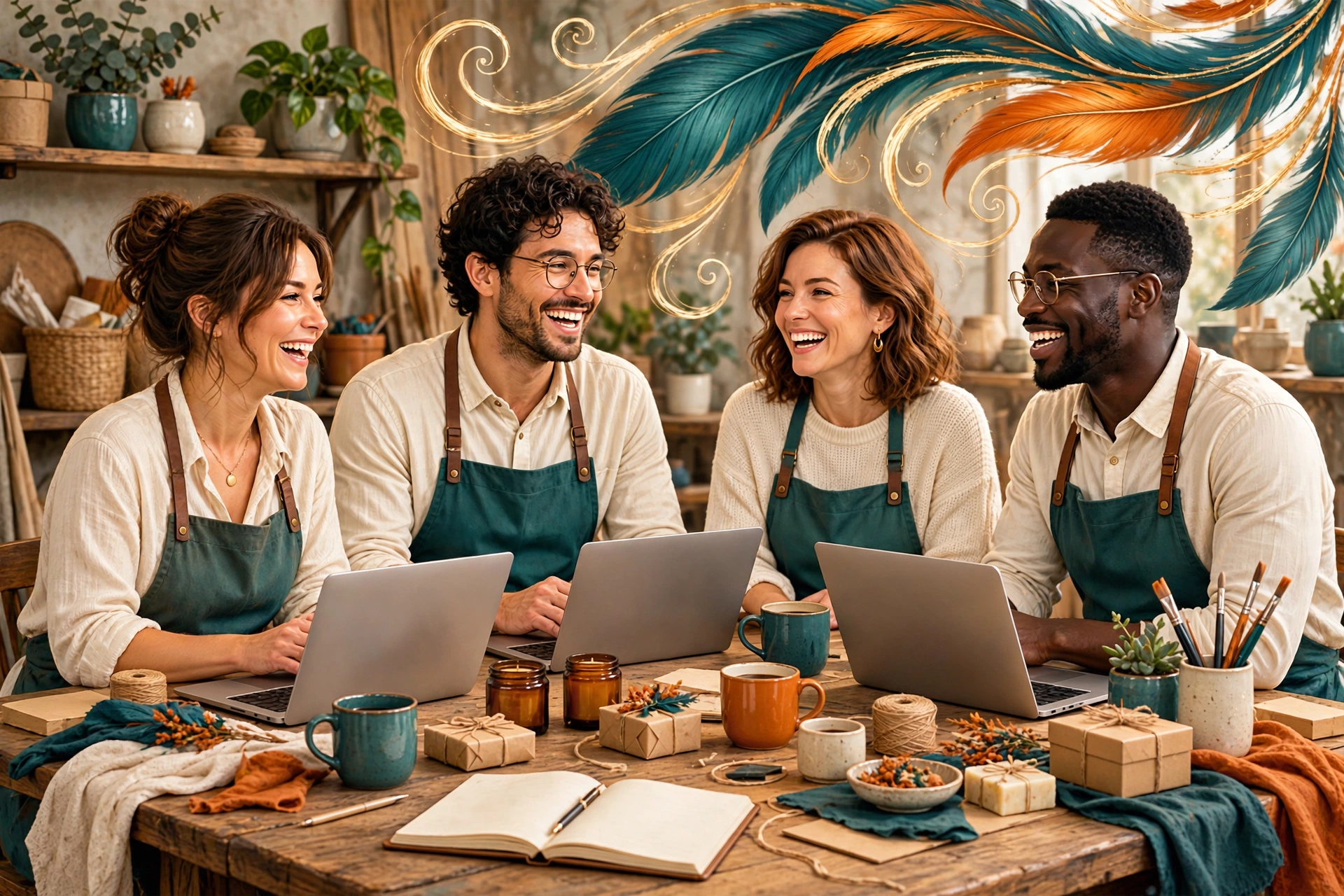 Small business owners collaborating around a table with laptops and artisan goods.