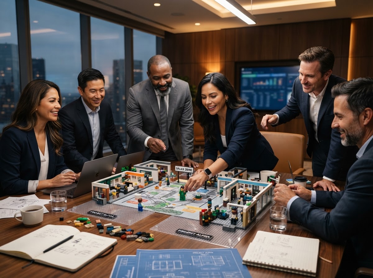 Ejecutivos y directores de empresa en una mesa de directorio analizando y construyendo su empresa con piezas de bloques y muñequitos lego