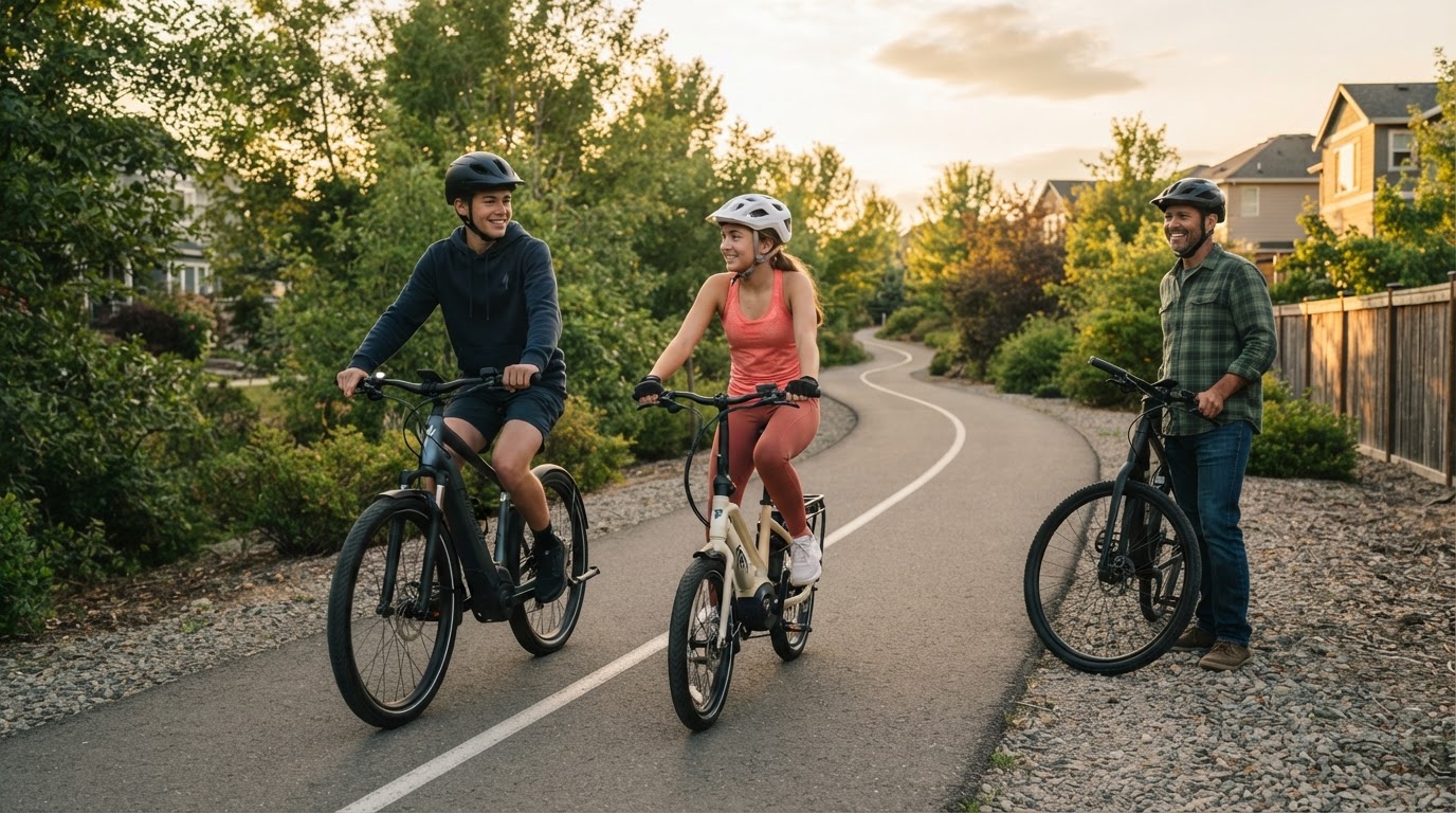 Parents supervising teenage riders on e-bikes safely