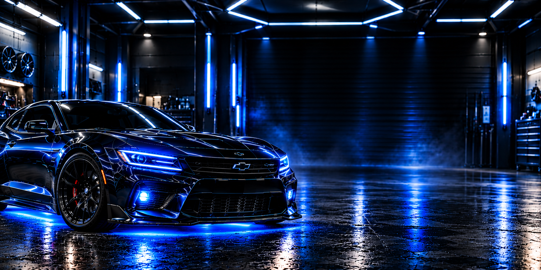 Super Tint workshop with custom blue neon vehicle
