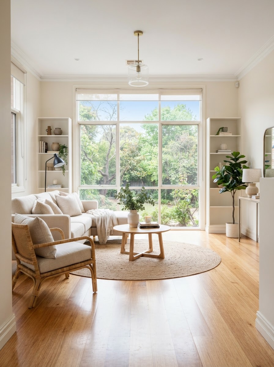 Clean living room with polished hardwood floors and spotless windows, Boujee Cleaning Services