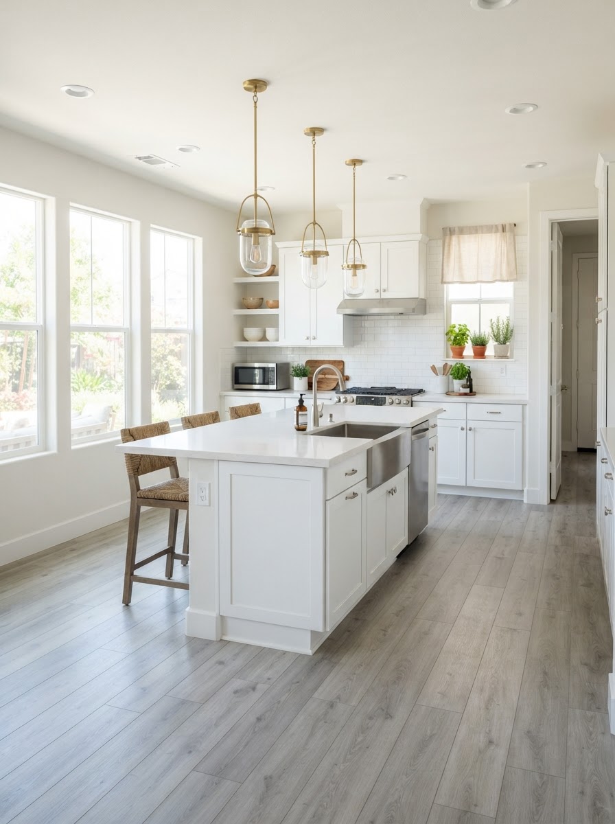 Spotless white kitchen with island cleaned by Boujee Cleaning Services in Utah