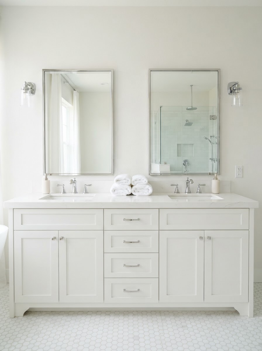 Sparkling bathroom vanity, mirrors and quartz counters after a deep clean in Utah