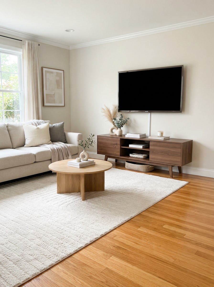 Tidy living room with vacuumed rug and clean floors in Utah County