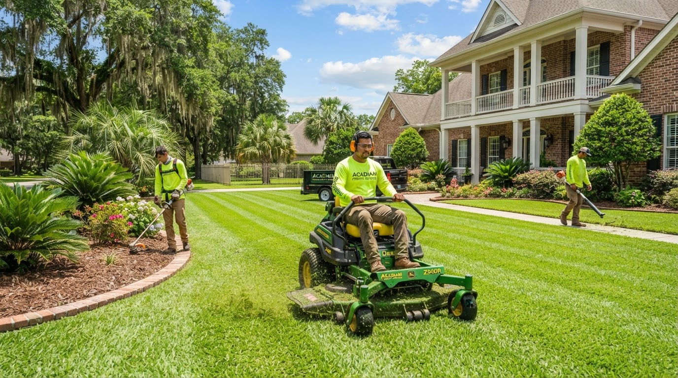 Professional lawn care and property maintenance crew by Comite Property Services in Louisiana