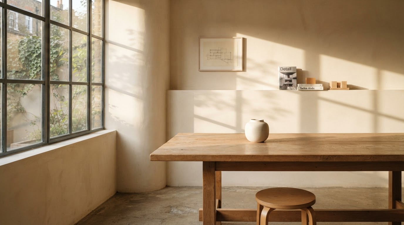 A sunlit corner where two cream plaster walls meet at a calm angle