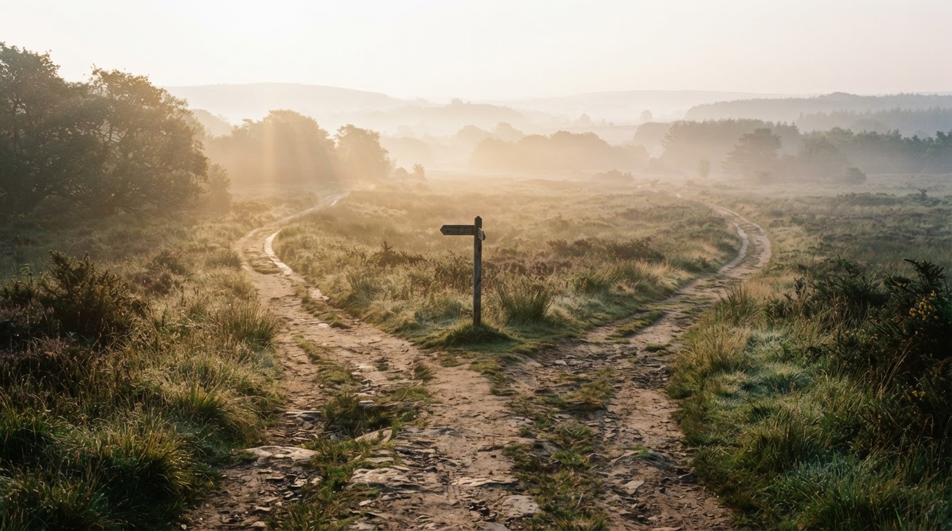 Two soft paths of light converging at a crossroads in a misty open field at dawn