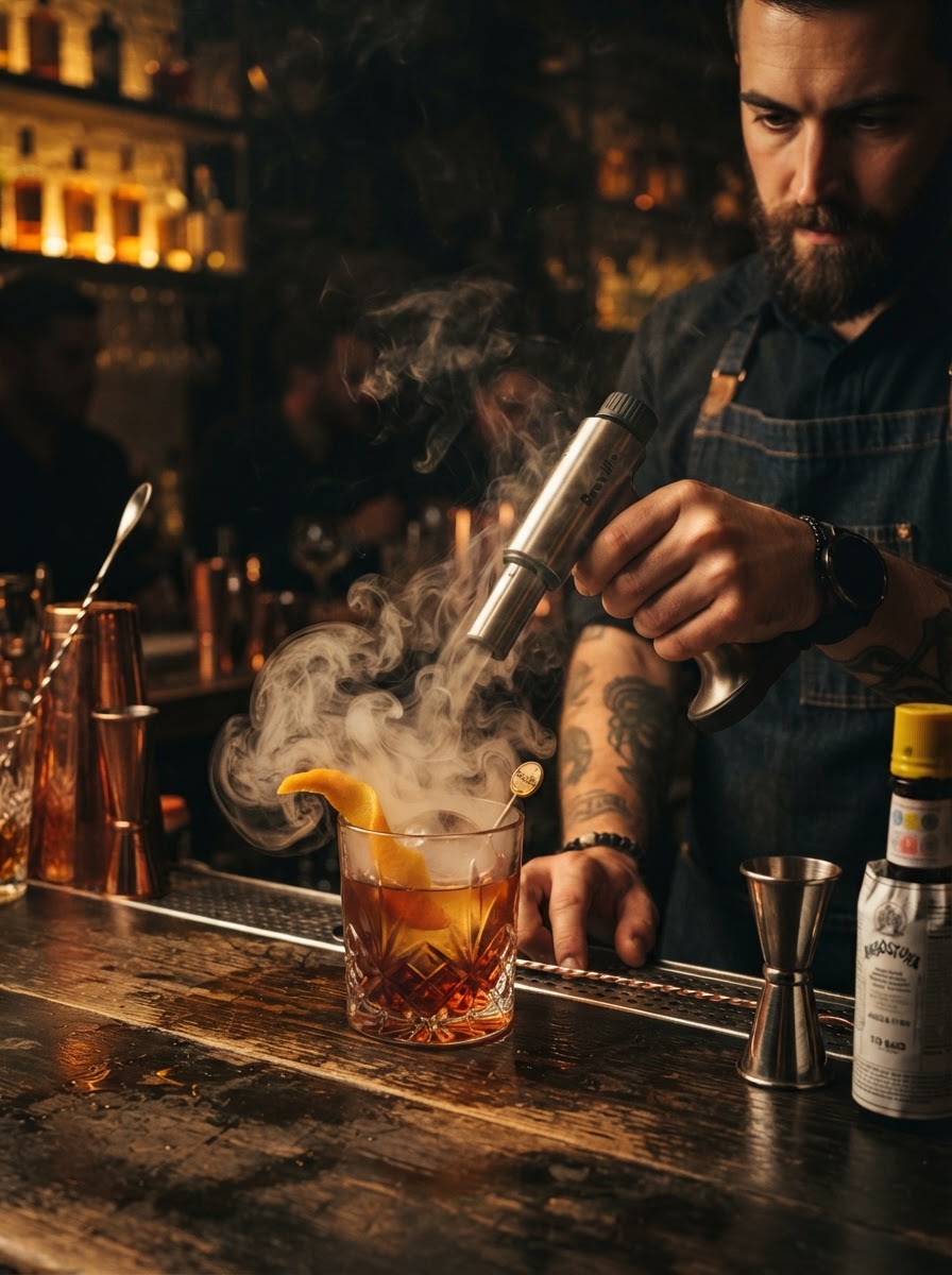 Smoky old fashioned crafted with a smoking gun and orange peel