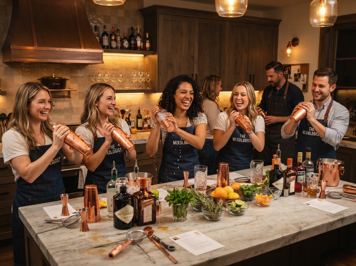Private mixology class with guests shaking cocktails in aprons