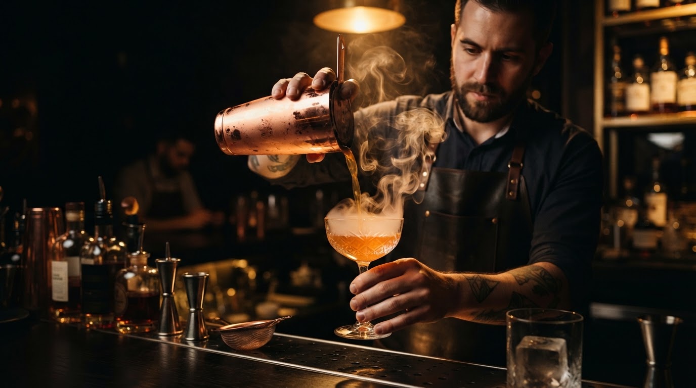 Professional bartender crafting an artisan cocktail with smoke and gold accents