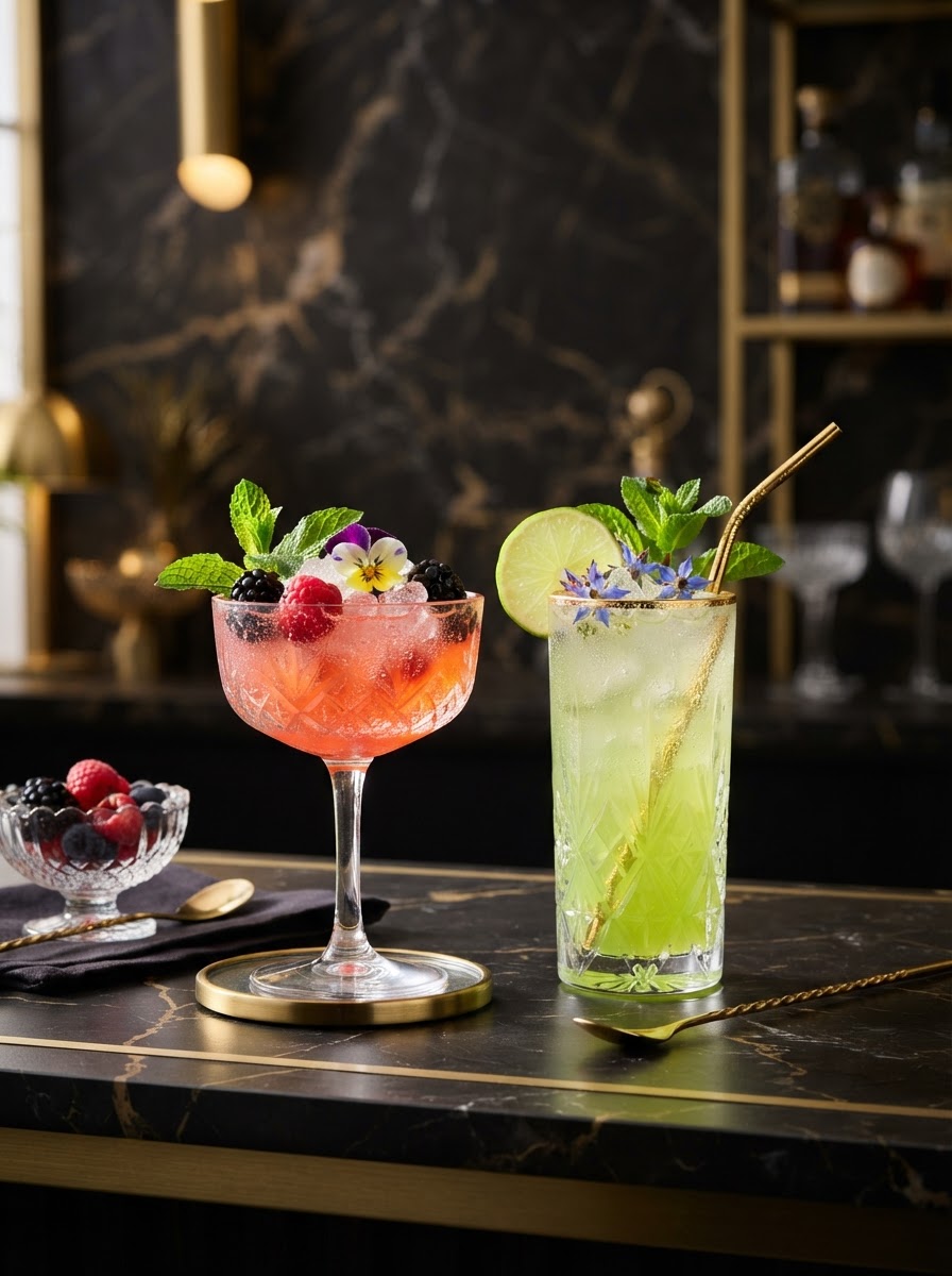 Two vibrant artisan mocktails with fresh fruit and edible flowers