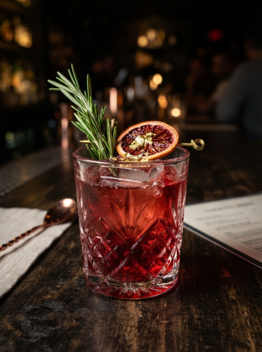 Artisan cocktail in a crystal glass with rosemary and dehydrated citrus