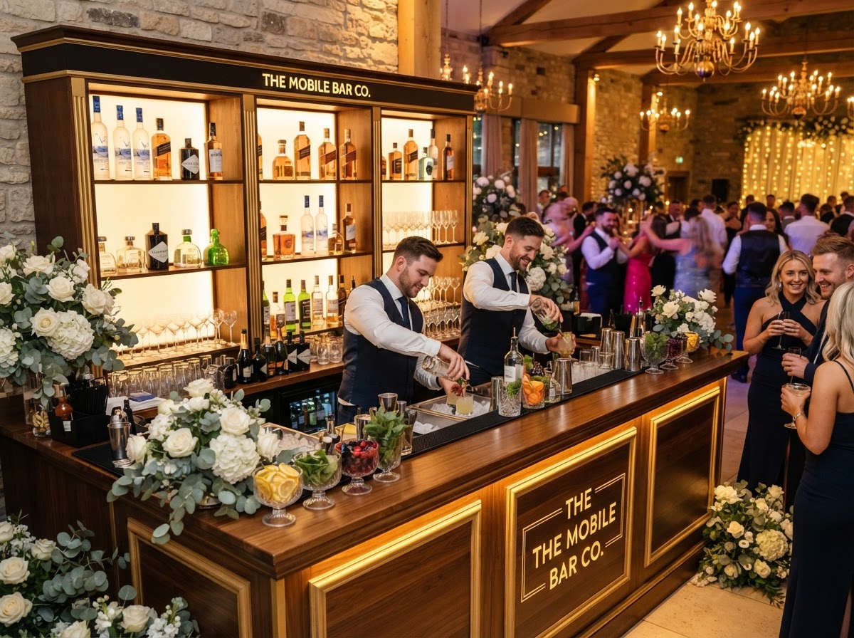 Elegant mobile bar setup at a wedding reception with gold trim and backlit shelves