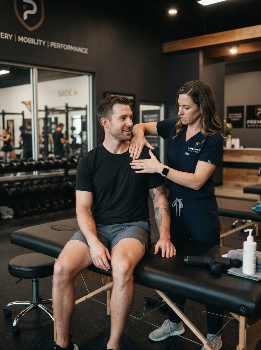 A chiropractor providing personalized hands-on mobility and recovery care to an active adult patient at Alpha Performance & Wellness in Fort Worth