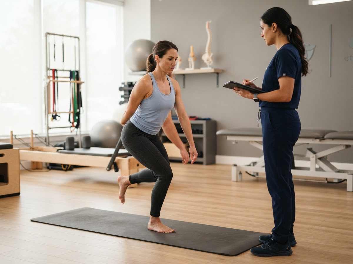 Patient completing a lower-body movement assessment with a healthcare provider