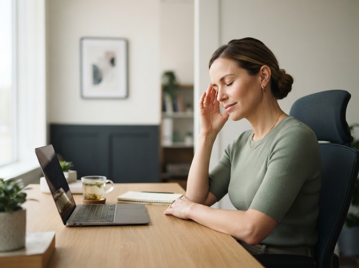 Adult taking a brief break while experiencing mild headache discomfort