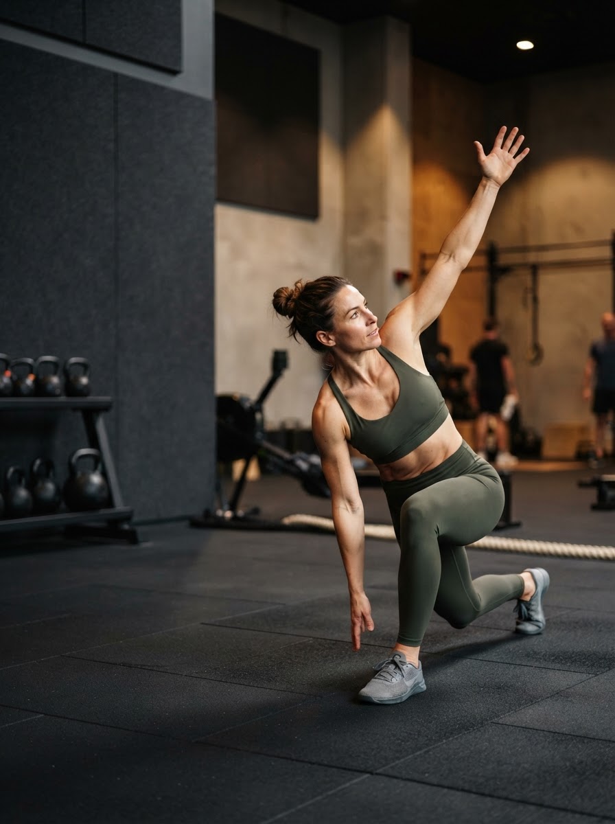 Active adult performing a controlled mobility exercise before training