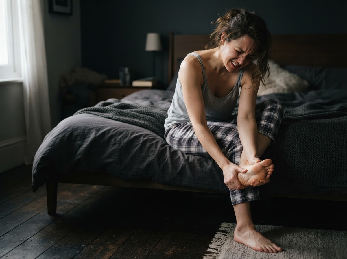 Adult sitting on the edge of the bed holding their heel in discomfort