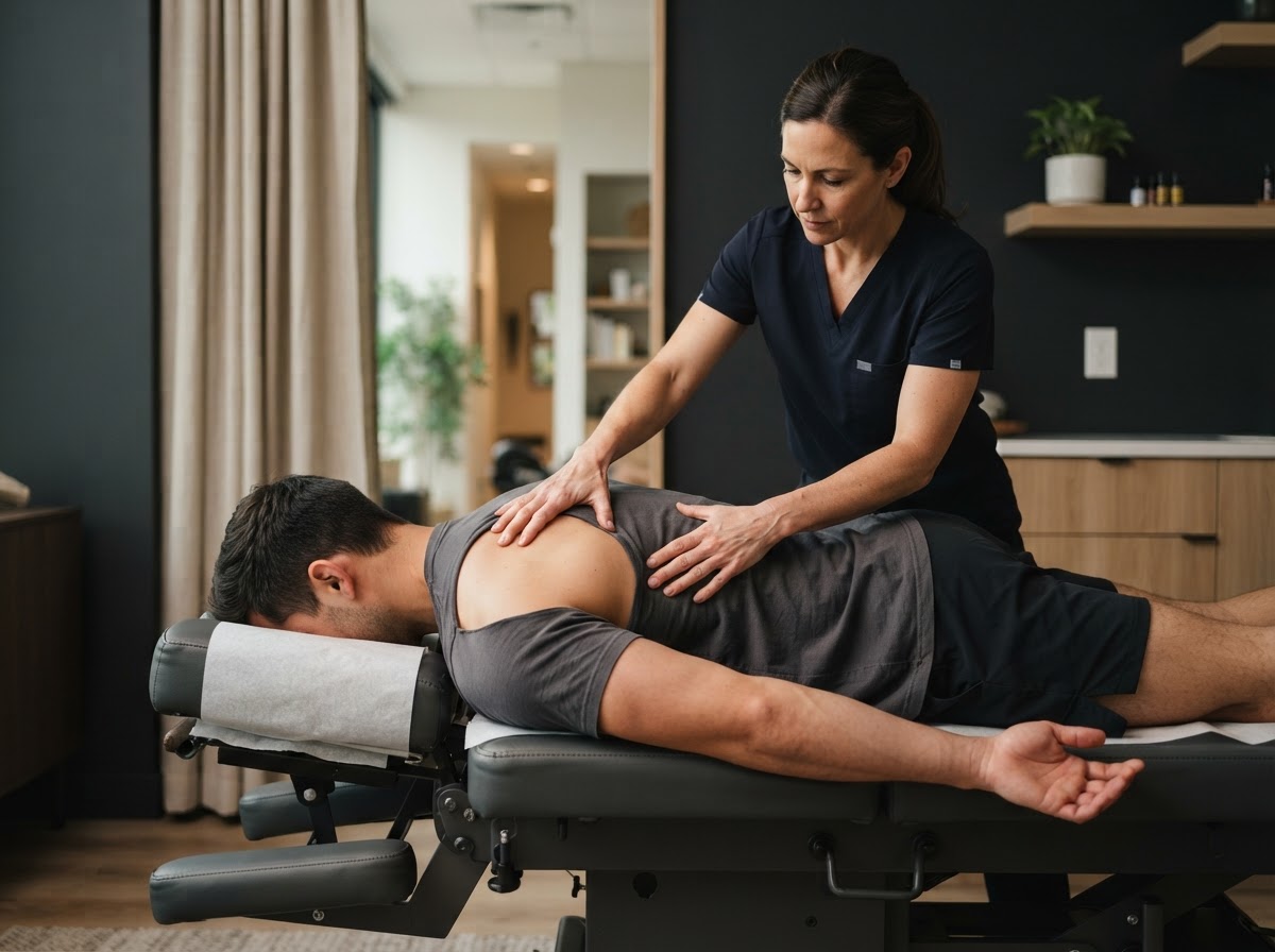 Patient receiving a movement assessment during a chiropractic visit
