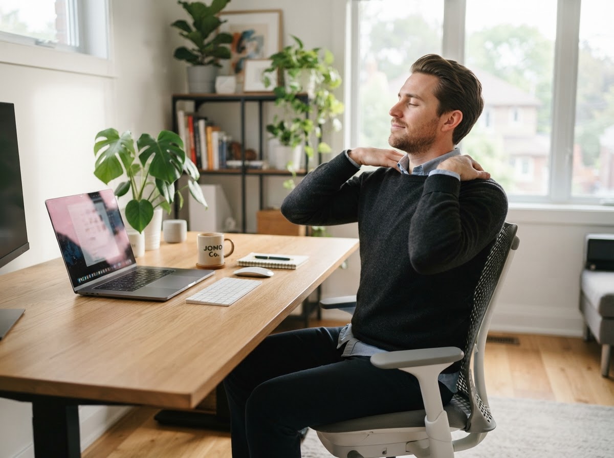 Professional taking a movement break while working at a computer