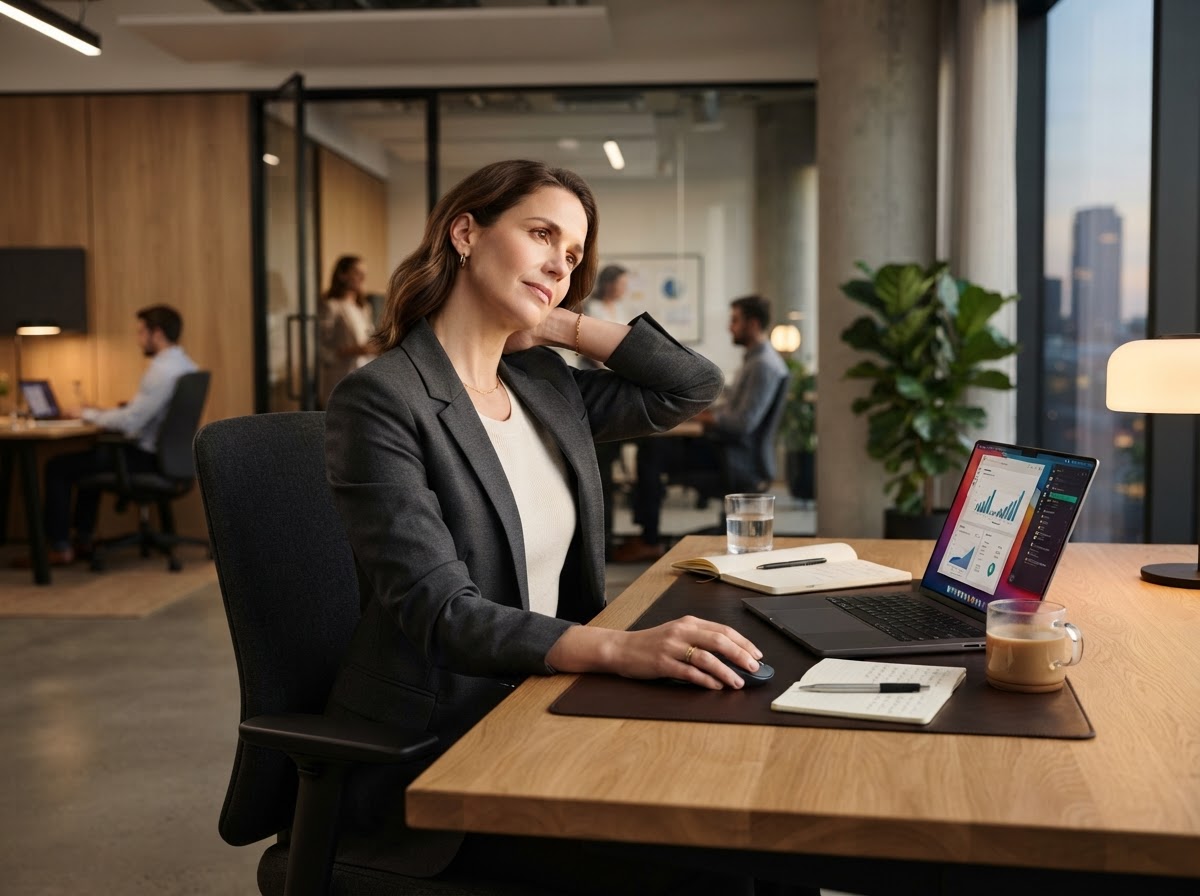 Professional adjusting neck position while working at a computer desk