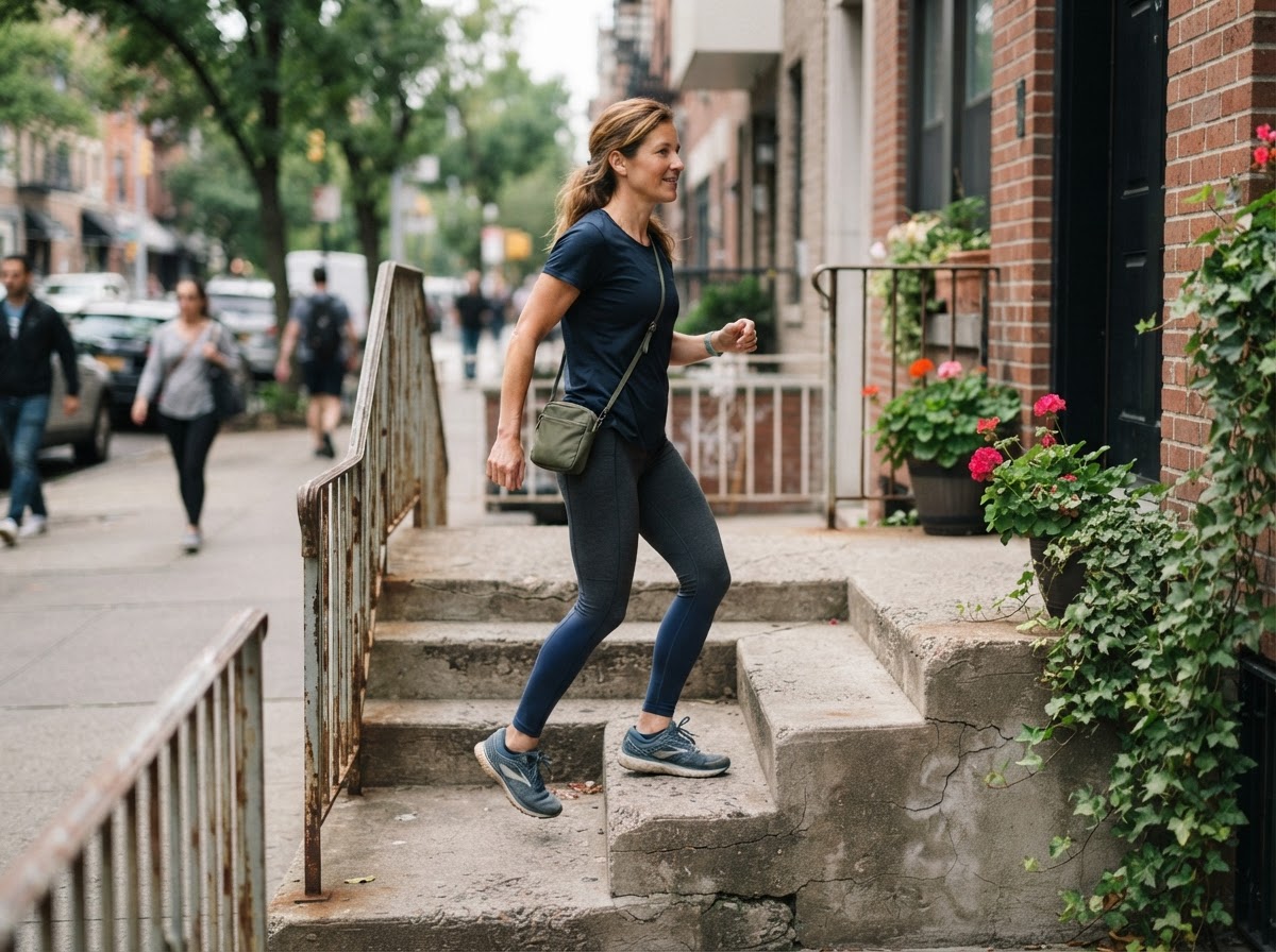 Active adult walking up stairs during everyday activity