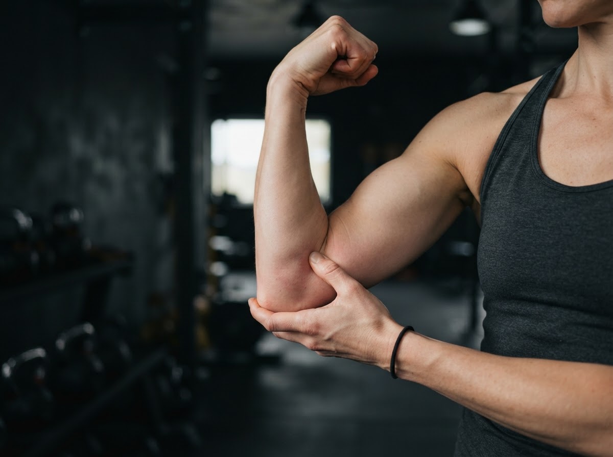 Adult holding their forearm near the elbow with mild tendon discomfort
