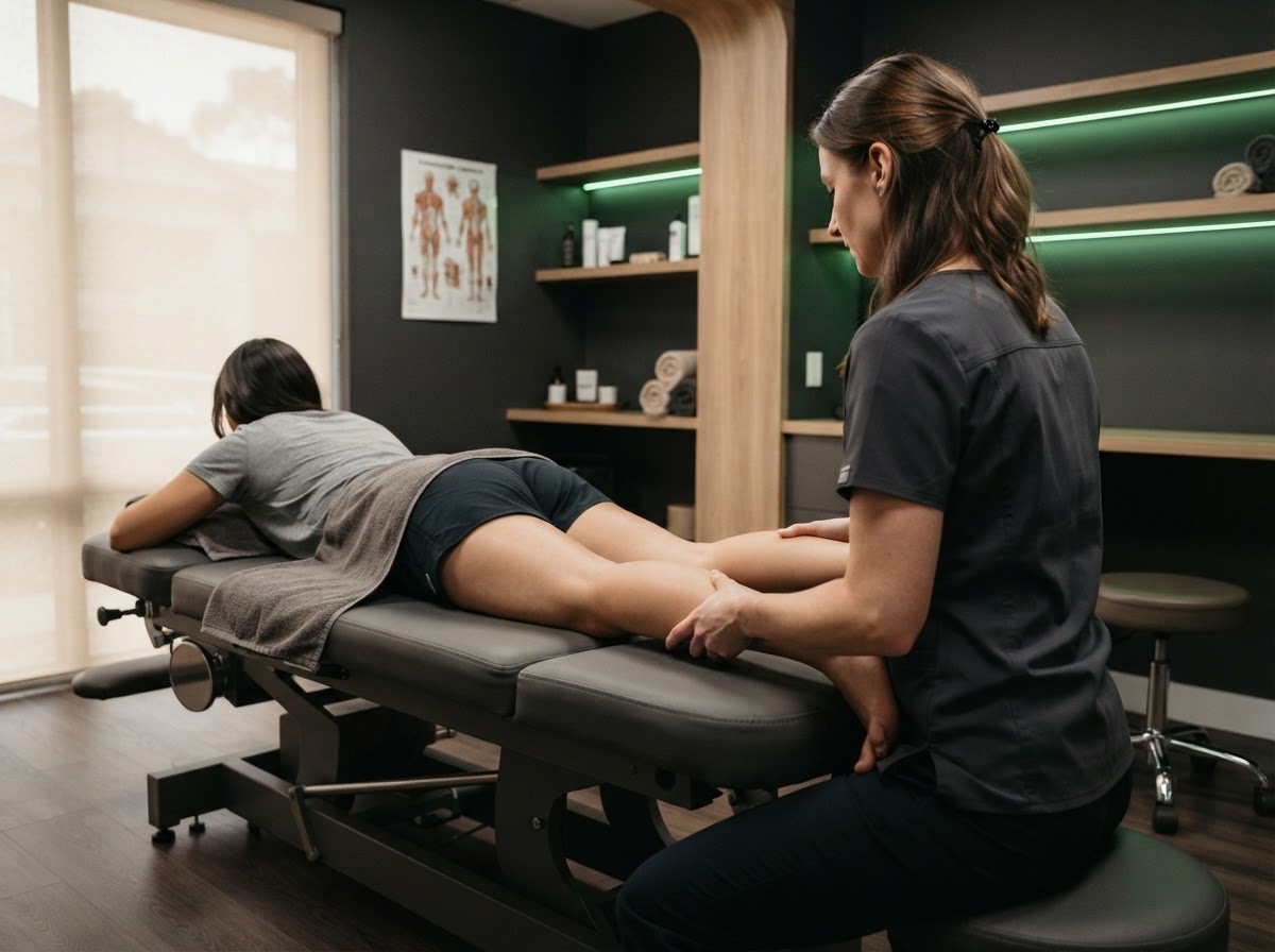 Patient completing a lower-body movement assessment with a healthcare provider
