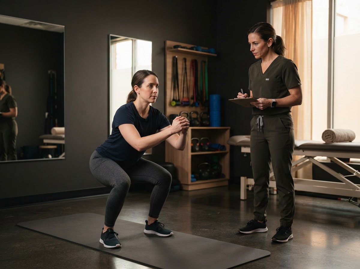 Patient completing a functional movement assessment with a healthcare provider