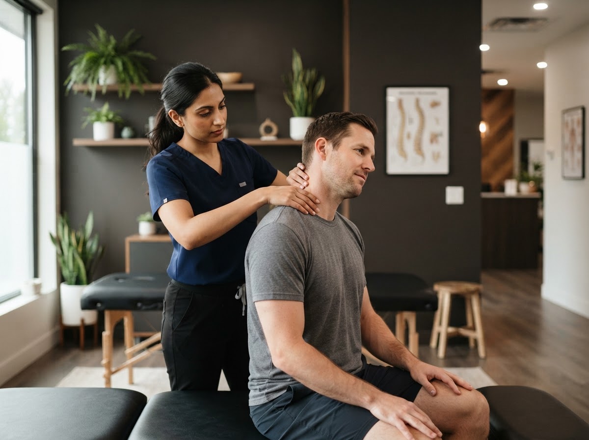 Patient receiving a neck and shoulder movement assessment during a chiropractic visit
