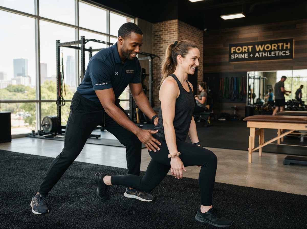 Dr. Jalen Ferguson working hands-on with an active adult athlete at the Alpha Performance & Wellness clinic in Fort Worth