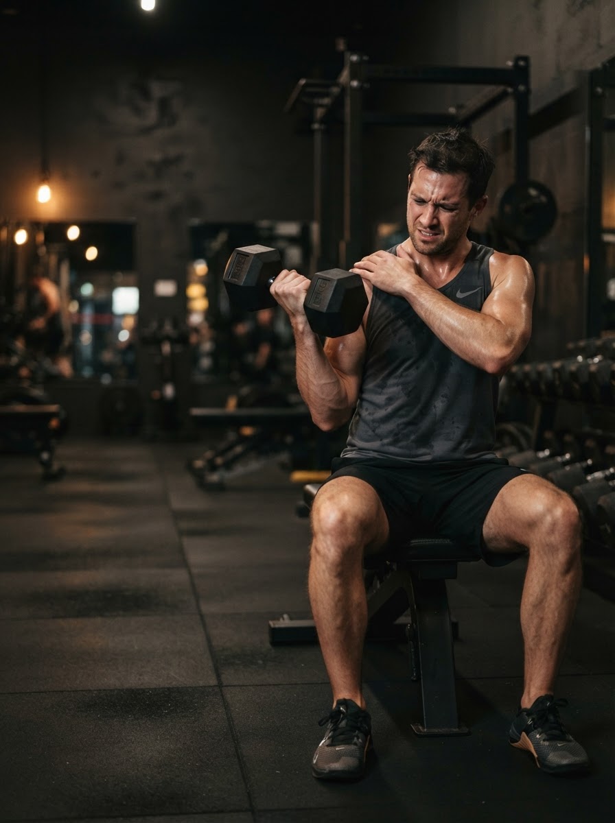 Active adult pausing during an overhead exercise because of mild shoulder discomfort