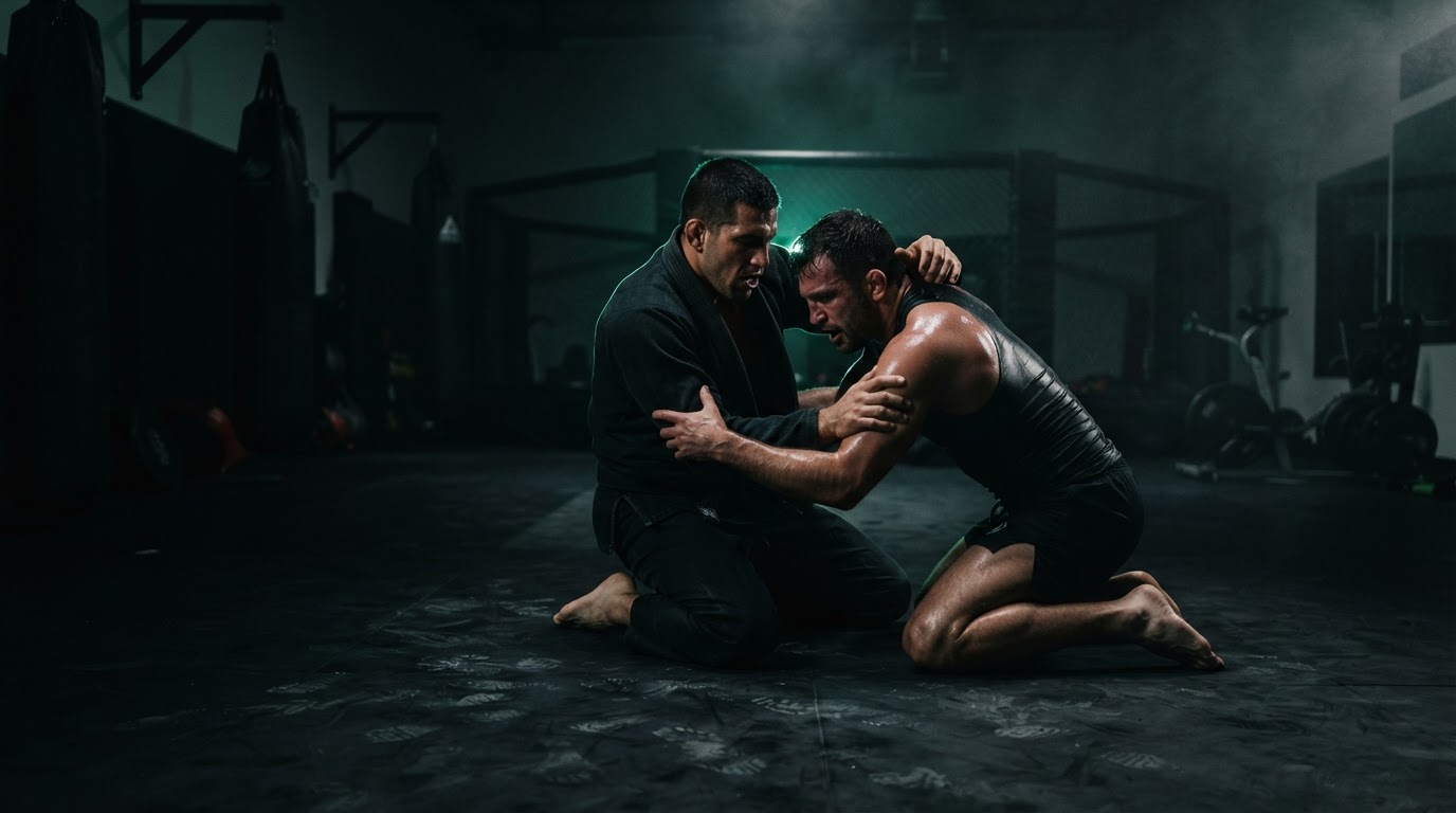 Two athletes grappling on the mats at 10th Planet Austin