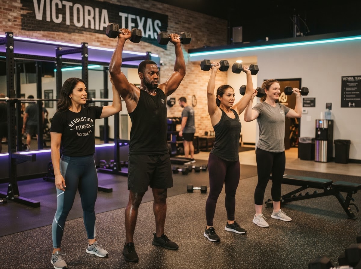 A coach leading a small semi-private training session at Anytime Fitness Victoria