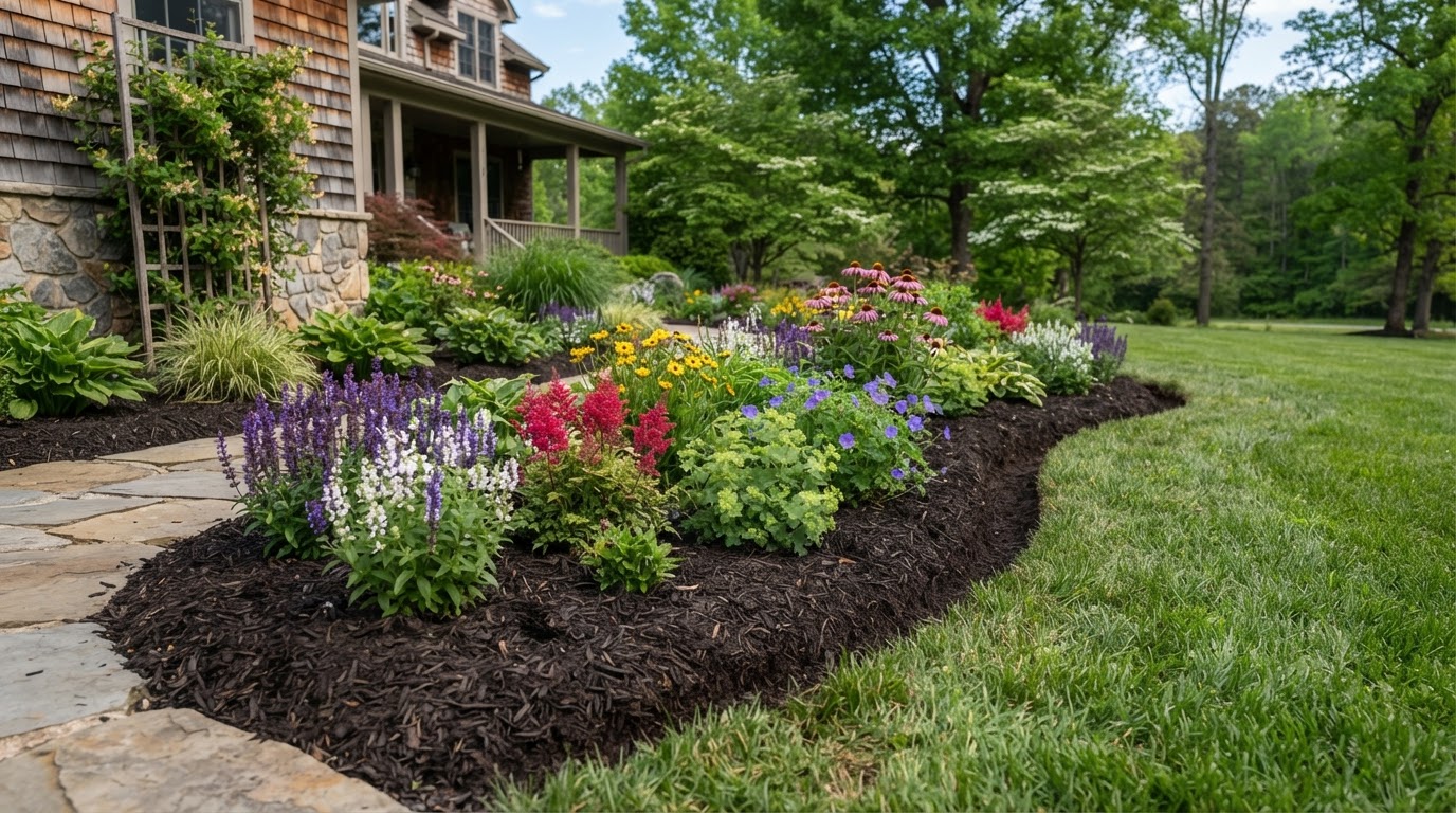 Flower Bed Edging & Fresh Mulch in Northern Virginia home