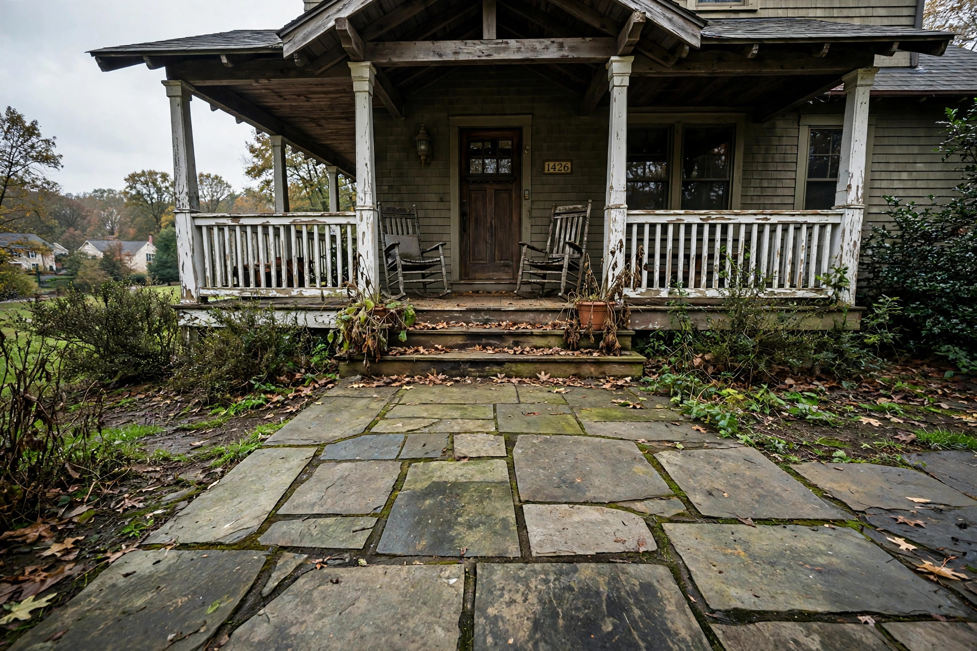 Before: Mildew stains & peeling railing