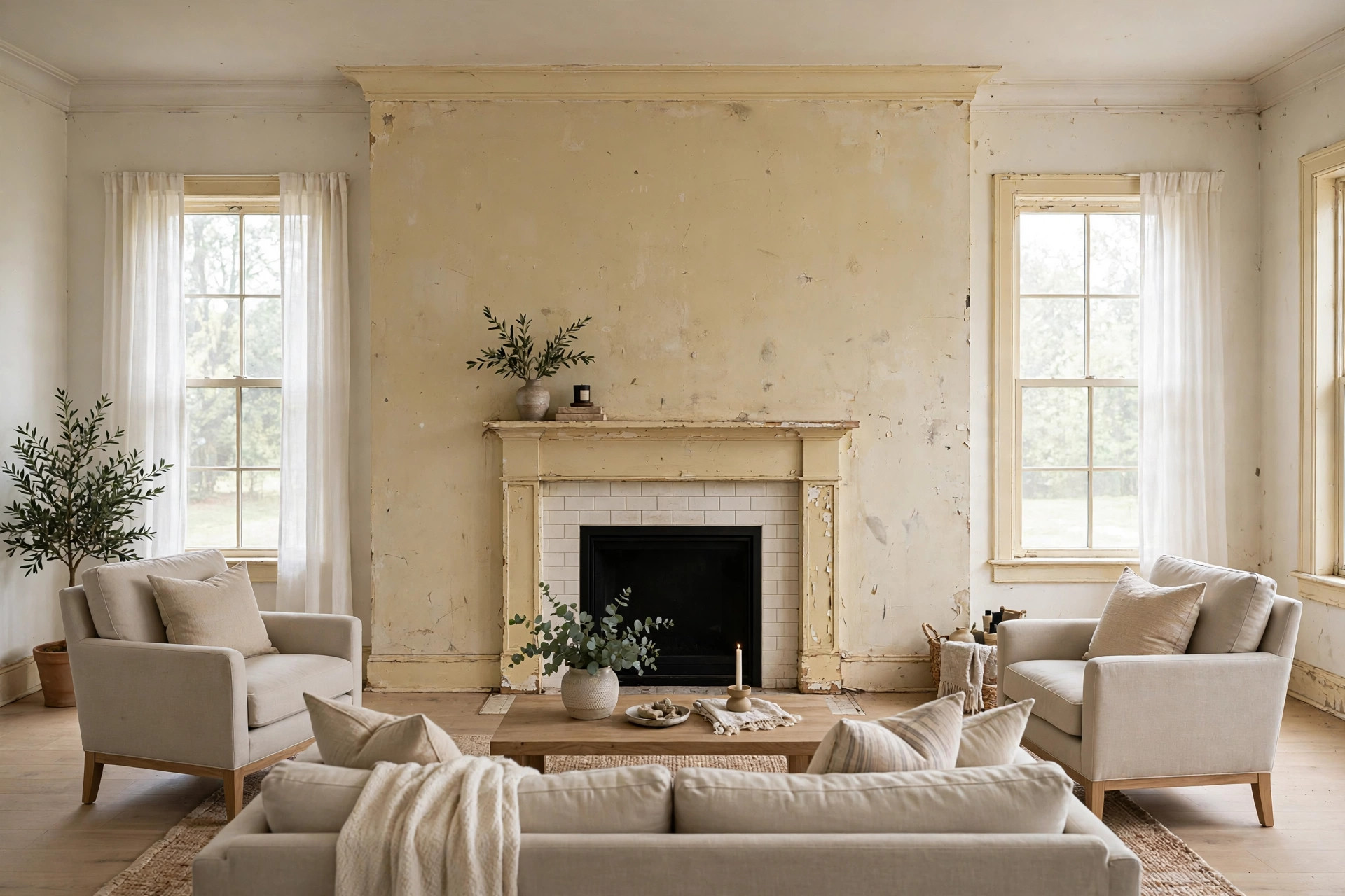 Before: Scuffed walls & faded yellowed trim