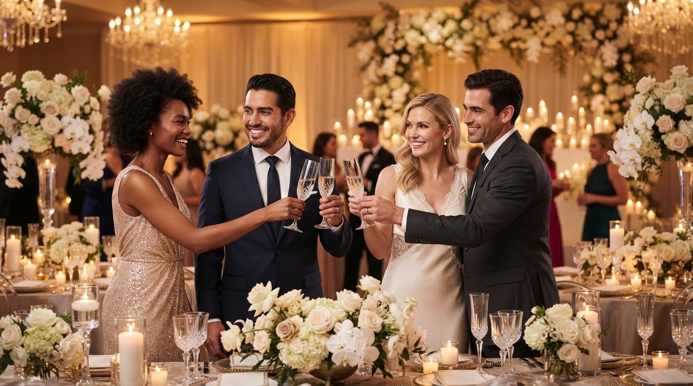 Diverse guests celebrating at an elegant luxury event reception with champagne and candlelight