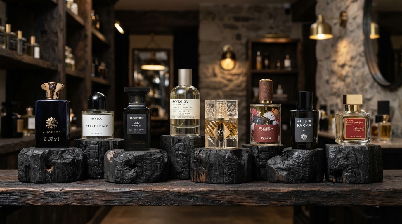 Array of upscale fragrance bottles