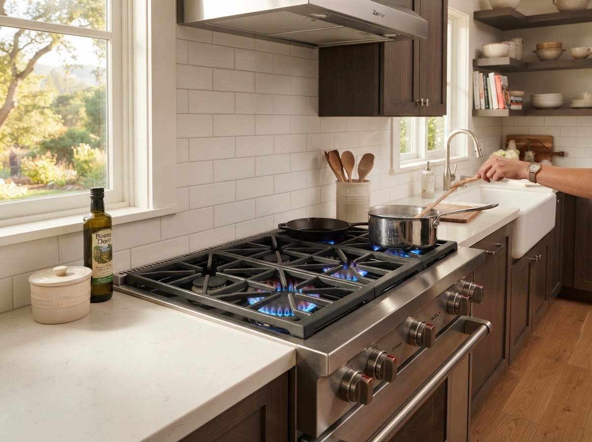 Residential gas stove with blue burner flames in a kitchen