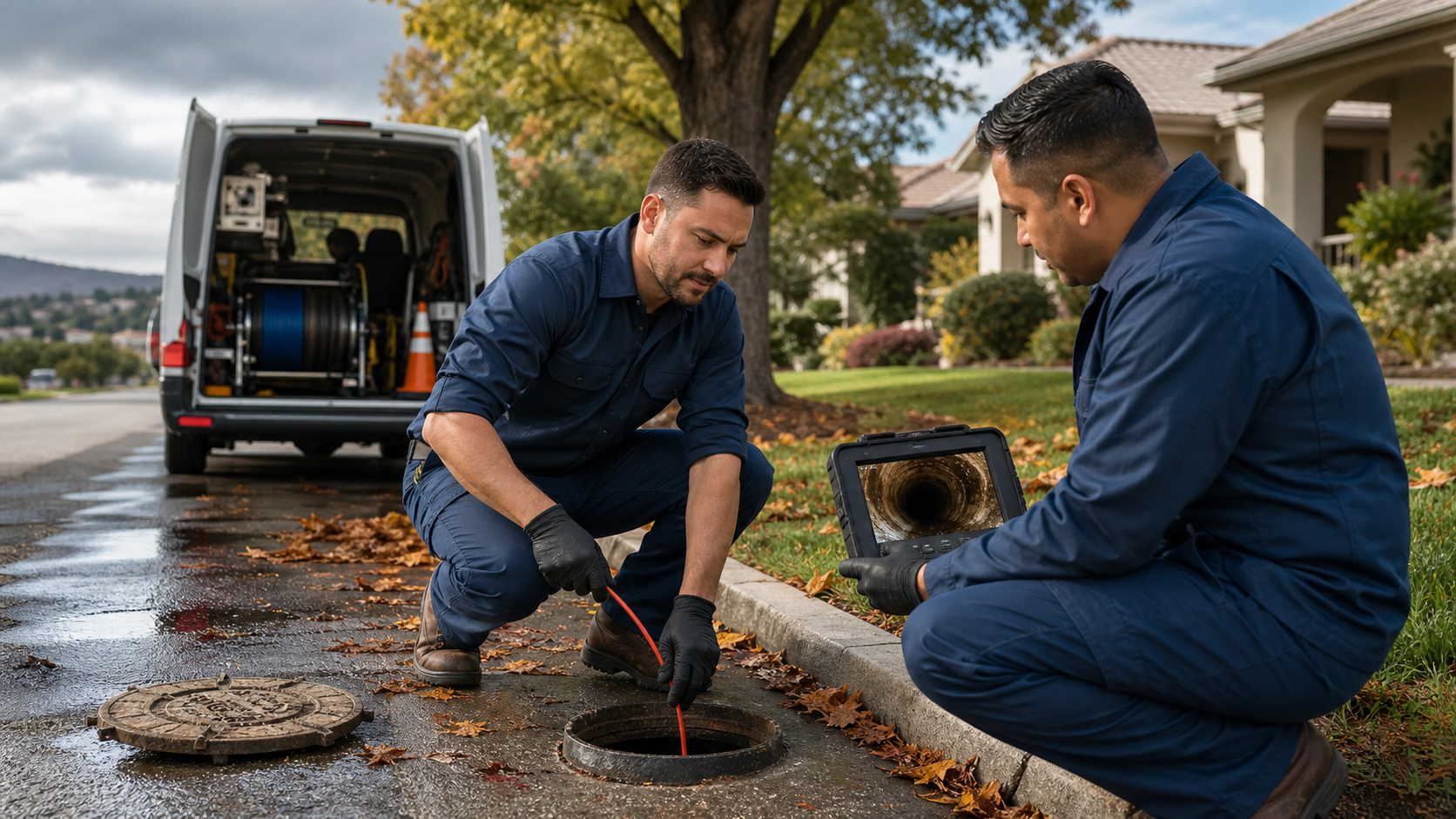 Plumbing technicians inspecting a sewer access point before the rainy season