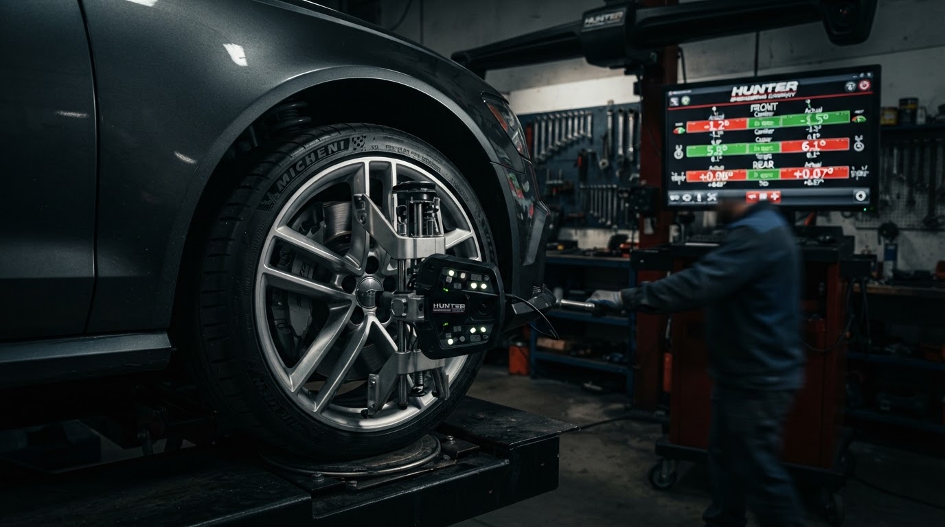 Wheel alignment being set on a European car at the YK Group Moorabbin workshop