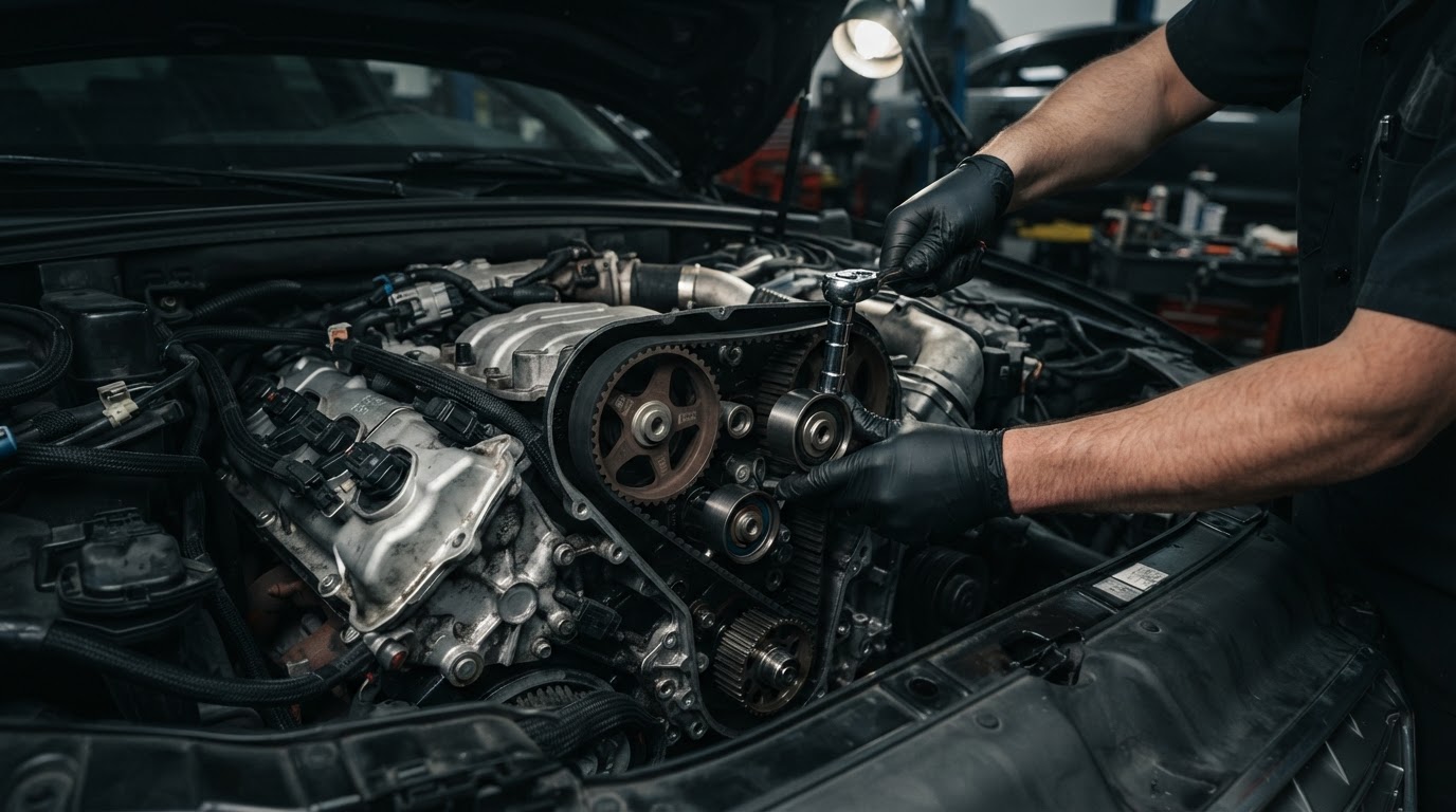 European car engine undergoing mechanical repair at the YK Group Moorabbin workshop