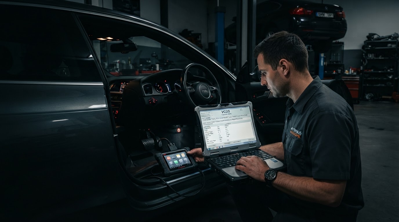 Diagnostic scan tool reading modules on a European car at the YK Group Moorabbin workshop