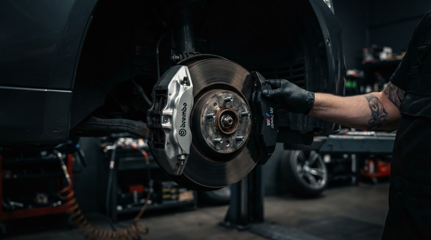 Brake caliper and disc inspection on a European car at the YK Group Moorabbin workshop