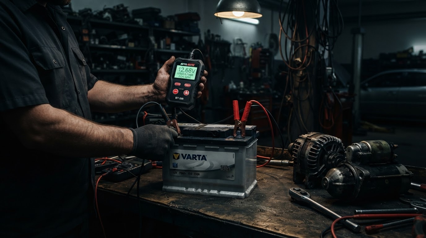 Battery testing and auto electrical work on a European car at the YK Group Moorabbin workshop