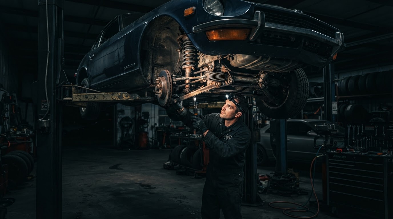 A car raised on a hoist in a dark workshop showing the underneath suspension components, shock absorbers and springs, with a technician inspecting the steering and suspension