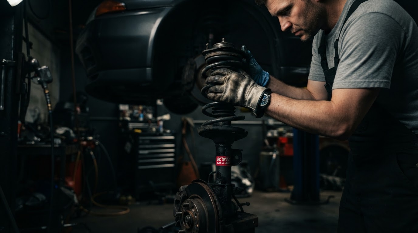 Suspension strut and steering component inspection on a European car at YK Group Moorabbin