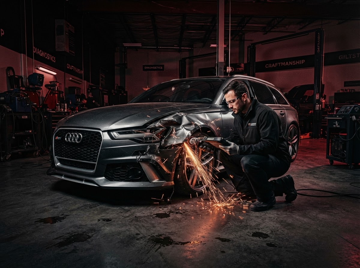 Auto body repair scene with a car being refinished in a garage
