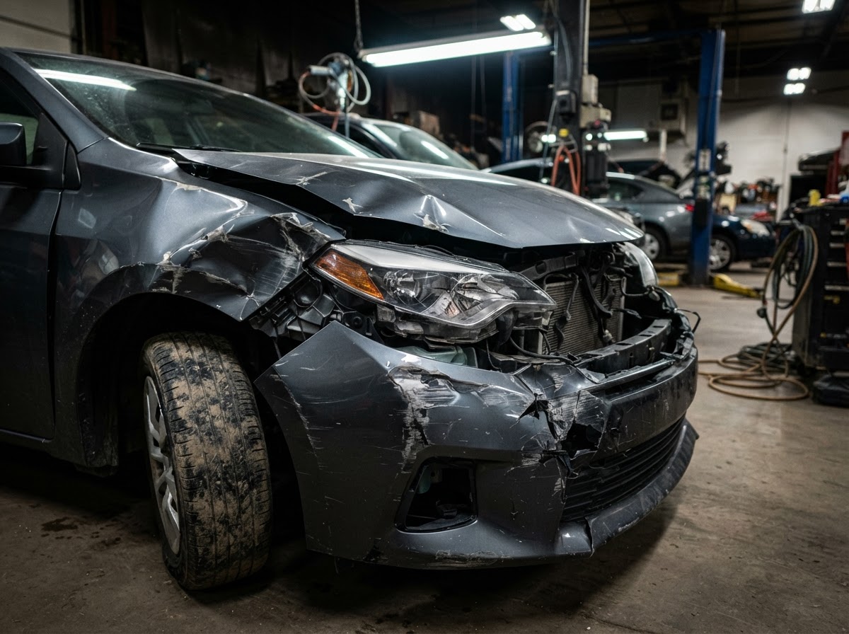 Car with crushed and dented front body panel after a collision